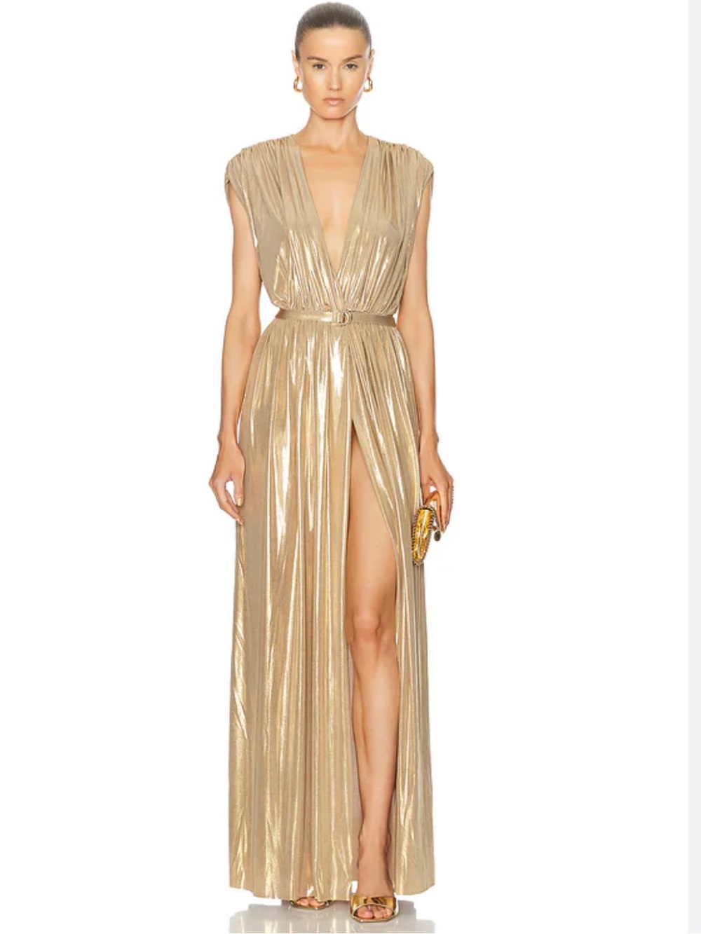 Norma Kamali Metallic Gold Plunge Maxi Dress